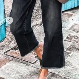 Topshop Moto denim Sz w26 L30 black raw hem wide leg relaxed jean high rise